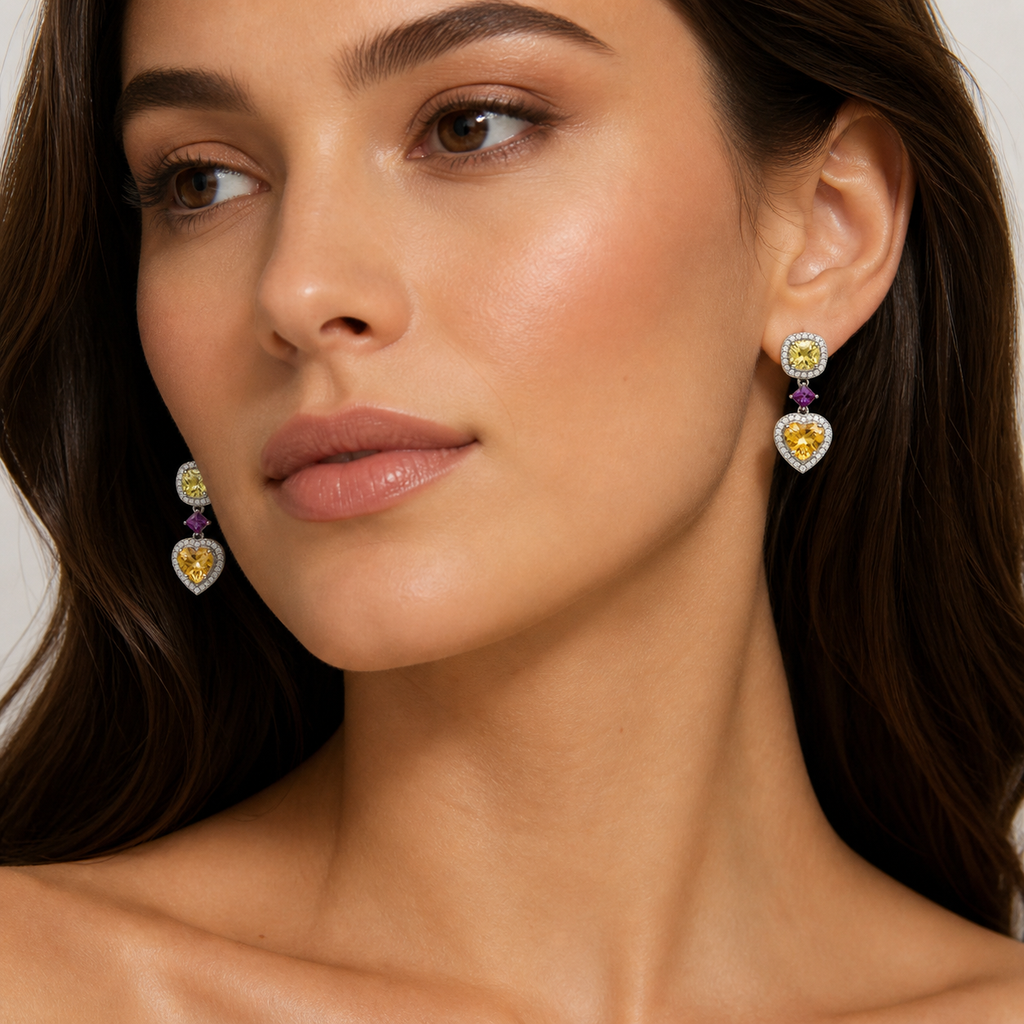 Lemon Quartz, Pink Garnet & Citrine Symphony Earrings in 925 Sterling Silver