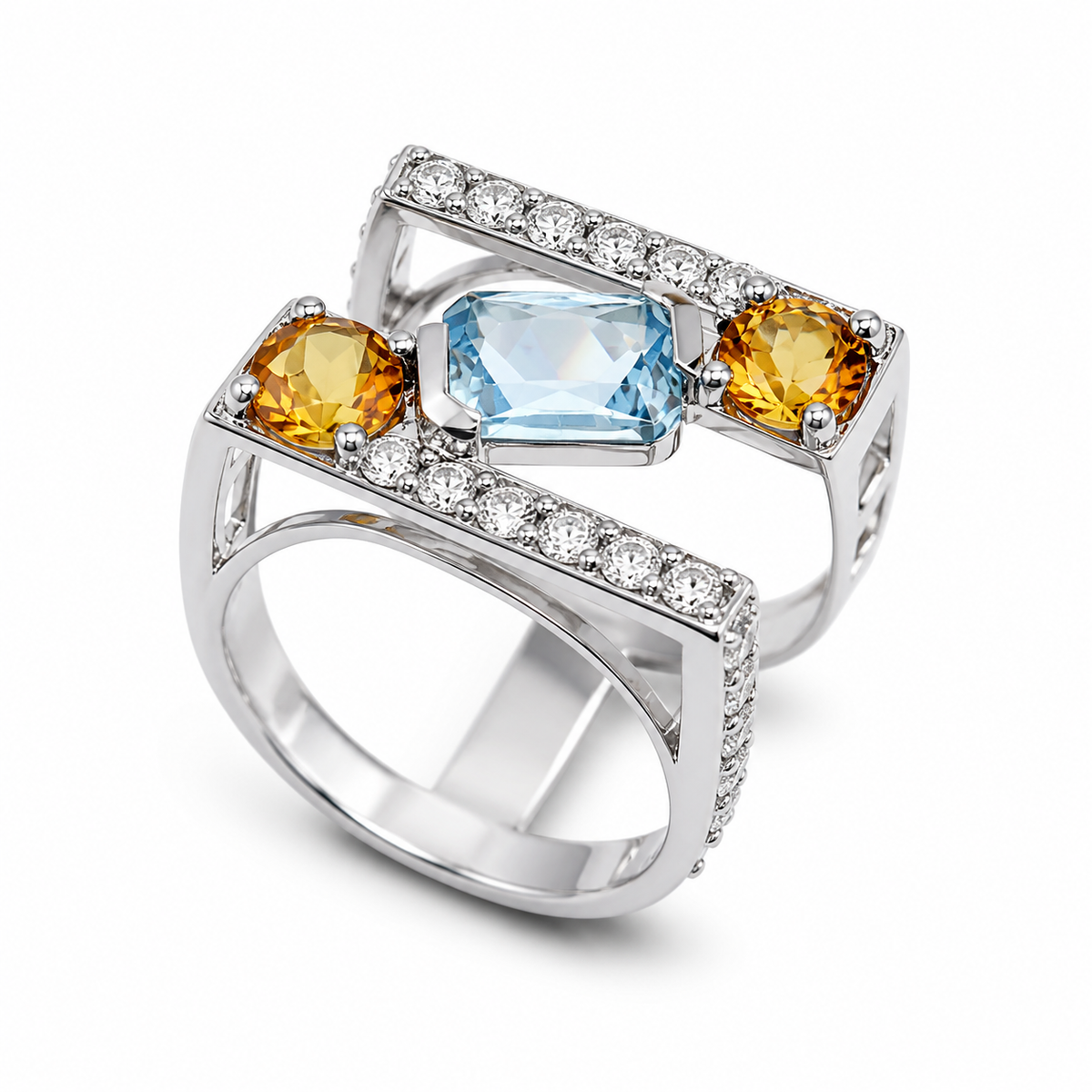 Citrine & Sky Blue Topaz Royale Ring in 925 Sterling Silver