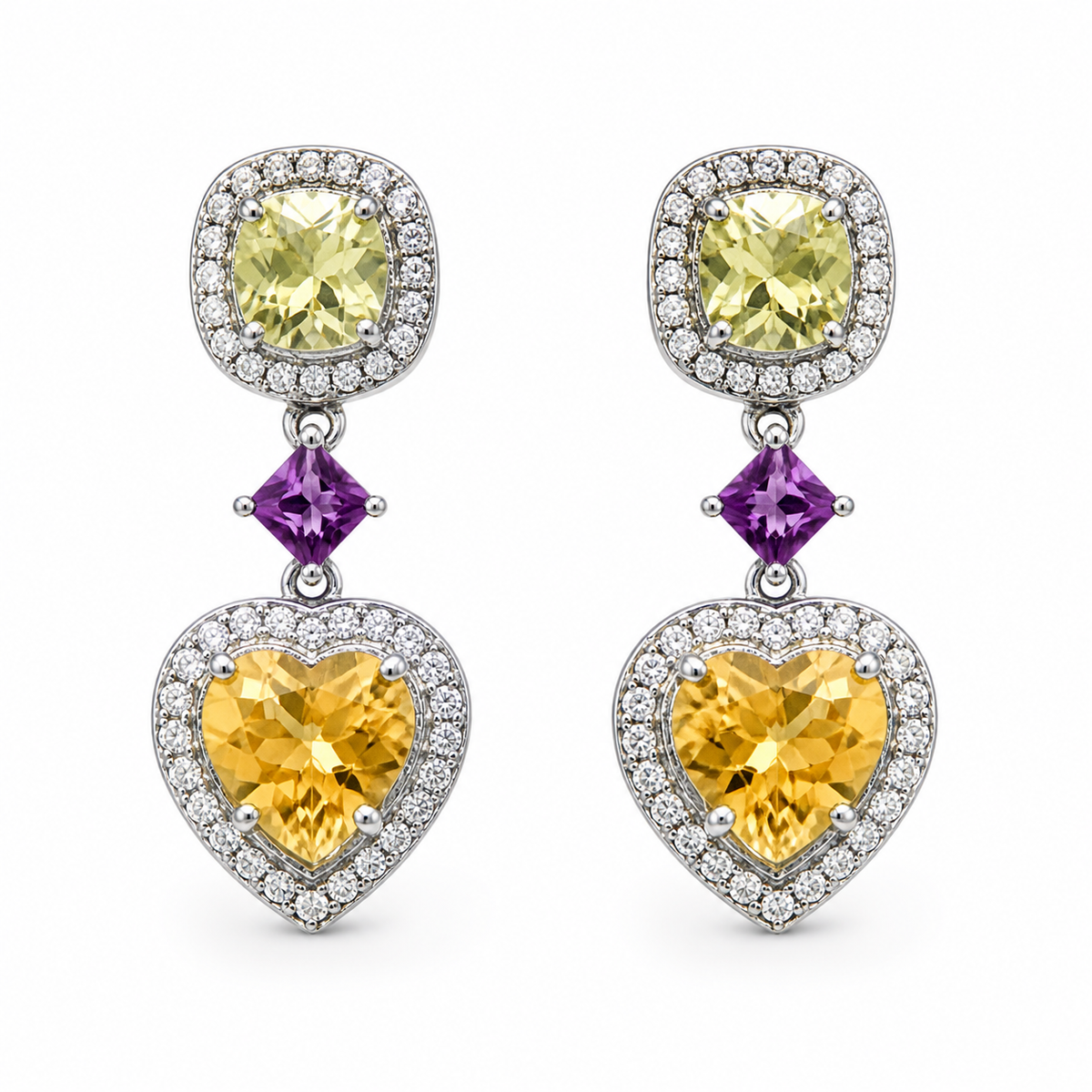 Lemon Quartz, Pink Garnet & Citrine Symphony Earrings in 925 Sterling Silver