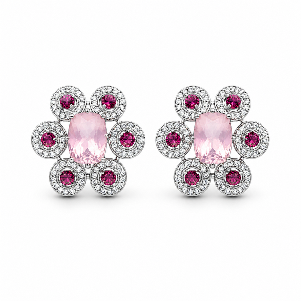 Pink Garnet & Rose Quartz Royale Earrings in 925 Sterling Silver