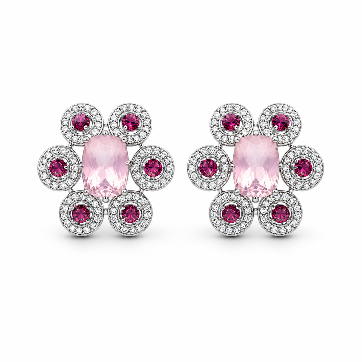 Pink Garnet & Rose Quartz Royale Earrings in 925 Sterling Silver