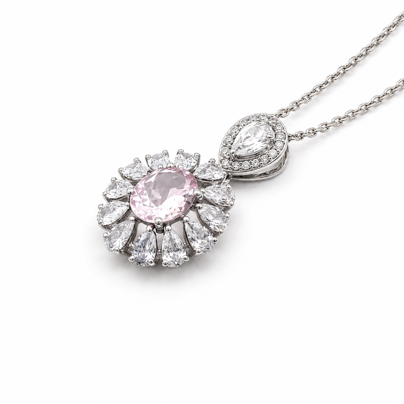 Rose Quartz Floral Pendant in 925 Sterling Silver